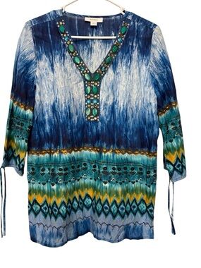 Dressbarn Blue and Teal Beaded V-Neck Tunic